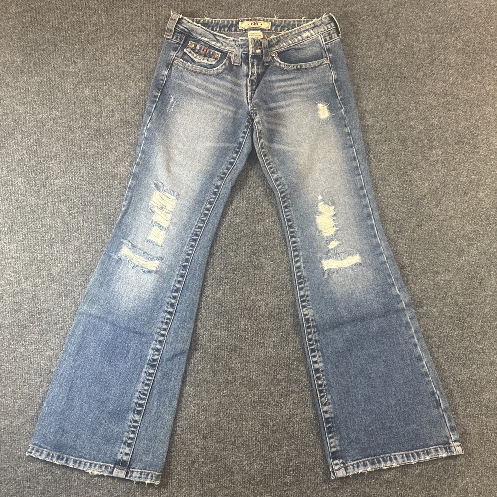 YMI Womens Distressed Flare Jeans Medium Wash Mid Rise Stretch Size 5